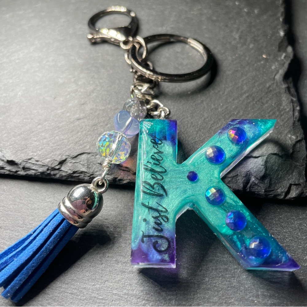 Custom Made Hand Crafted Letter K Keychain -Blue and Purple - Picture 4 of 8